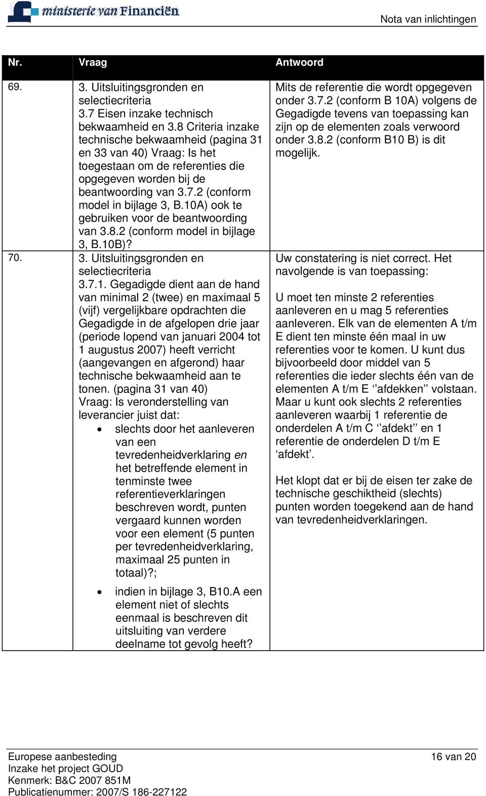 10A) ook te gebruiken voor de beantwoording van 3.8.2 (conform model in bijlage 3, B.10B)? 70. 3. Uitsluitingsgronden en selectiecriteria 3.7.1. Gegadigde dient aan de hand van minimal 2 (twee) en