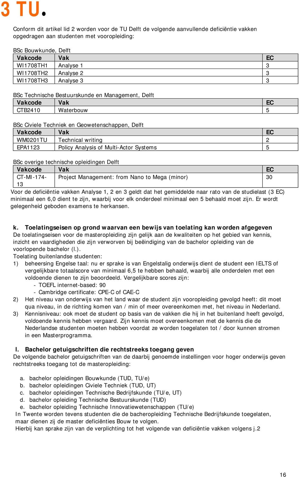 WM0201TU Technical writing 2 EPA1123 Policy Analysis of Multi-Actor Systems 5 BSc overige technische opleidingen Delft Vakcode Vak EC CT-MI-174- Project Management: from Nano to Mega (minor) 30 13