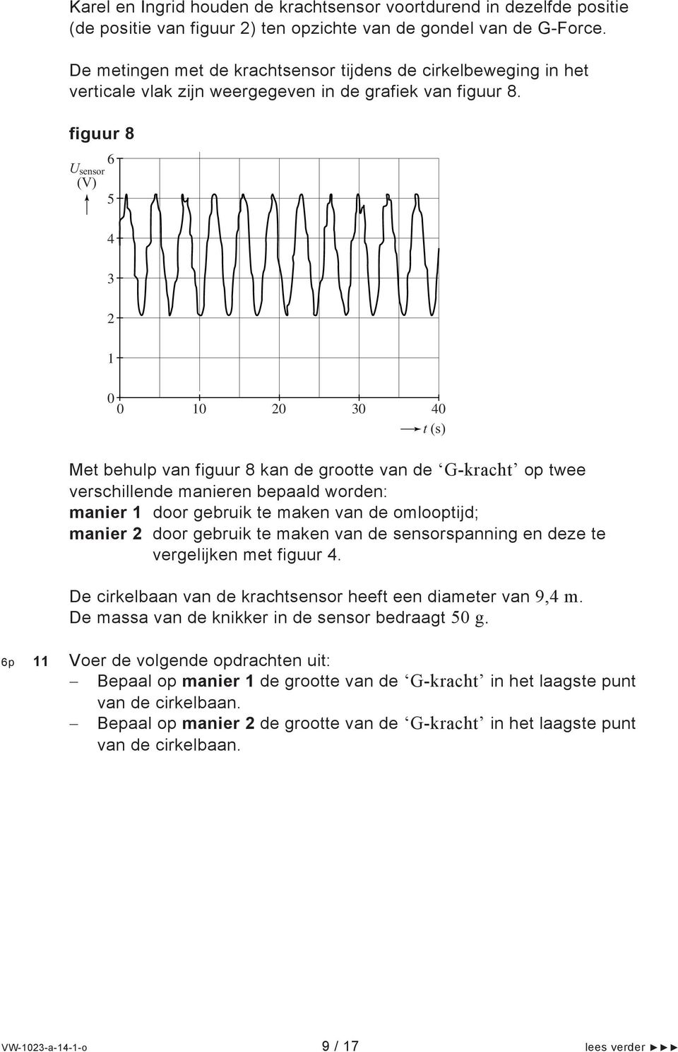 figuur 8 U sensor (V) 6 5 4 3 2 1 1 2 3 4 t (s) Met behulp van figuur 8 kan de grootte van de G-kracht op twee verschillende manieren bepaald worden: manier 1 door gebruik te maken van de omlooptijd;