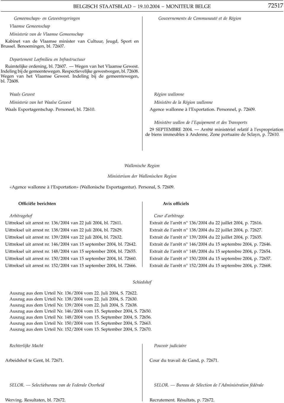 Benoemingen, bl. 72607. Gouvernements de Communauté et de Région Departement Leefmilieu en Infrastructuur Ruimtelijke ordening, bl. 72607. Wegen van het Vlaamse Gewest. Indeling bij de gemeentewegen.