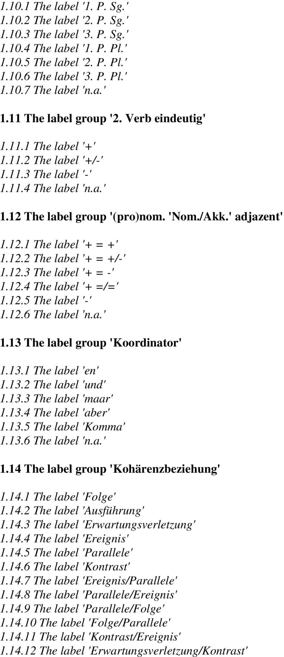 12.3 The label '+ = -' 1.12.4 The label '+ =/=' 1.12.5 The label '-' 1.12.6 The label 'n.a.' 1.13 The label group 'Koordinator' 1.13.1 The label 'en' 1.13.2 The label 'und' 1.13.3 The label 'maar' 1.