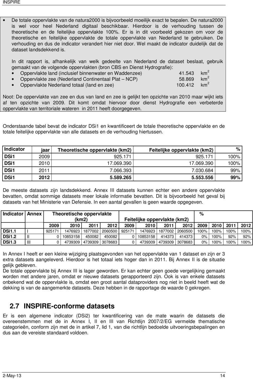 Er is in dit voorbeeld gekozen om voor de theoretische en feitelijke oppervlakte de totale oppervlakte van Nederland te gebruiken. De verhouding en dus de indicator verandert hier niet door.