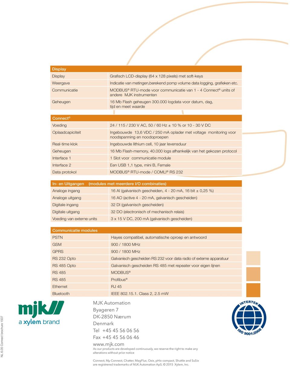 000 logdata voor datum, dag, tijd en meet waarde Connect Voeding Oplaadcapiciteit Real-time klok Geheugen Interface 1 Interface 2 24 / 115 / 230 V AC, 50 / 60 Hz ± 10 % or 10-30 V DC Ingebouwde 13,6