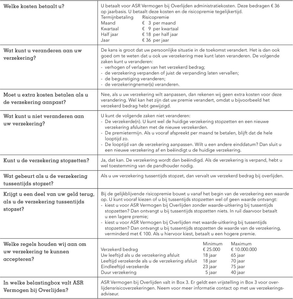 Moet u extra kosten betalen als u de verzekering aanpast? Wat kunt u niet veranderen aan uw verzekering? Kunt u de verzekering stopzetten? Wat gebeurt als u de verzekering tussentijds stopzet?