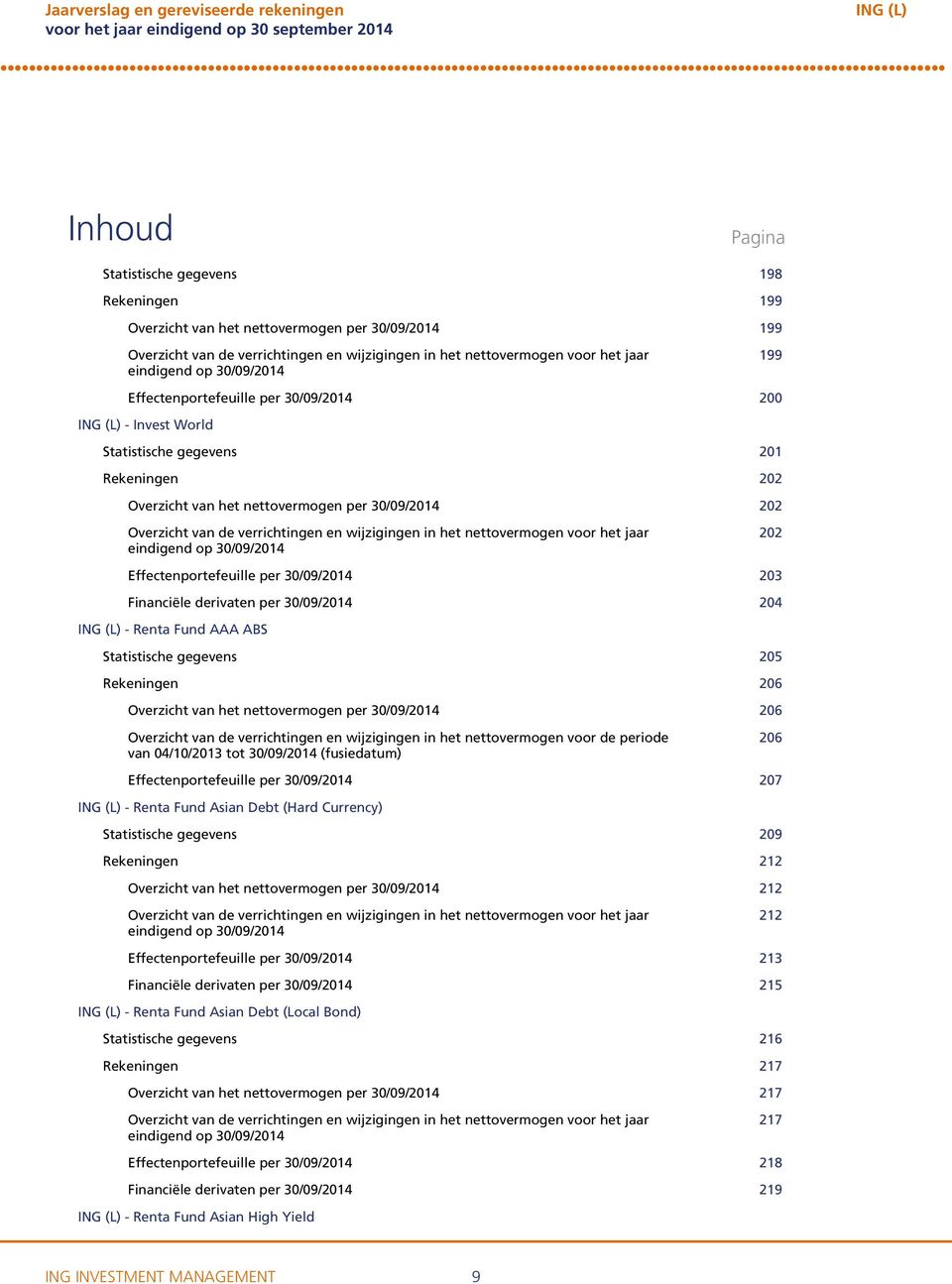 wijzigingen in het nettovermogen voor het jaar eindigend op 30/09/2014 202 Effectenportefeuille per 30/09/2014 203 Financiële derivaten per 30/09/2014 204 Renta Fund AAA ABS Statistische gegevens 205