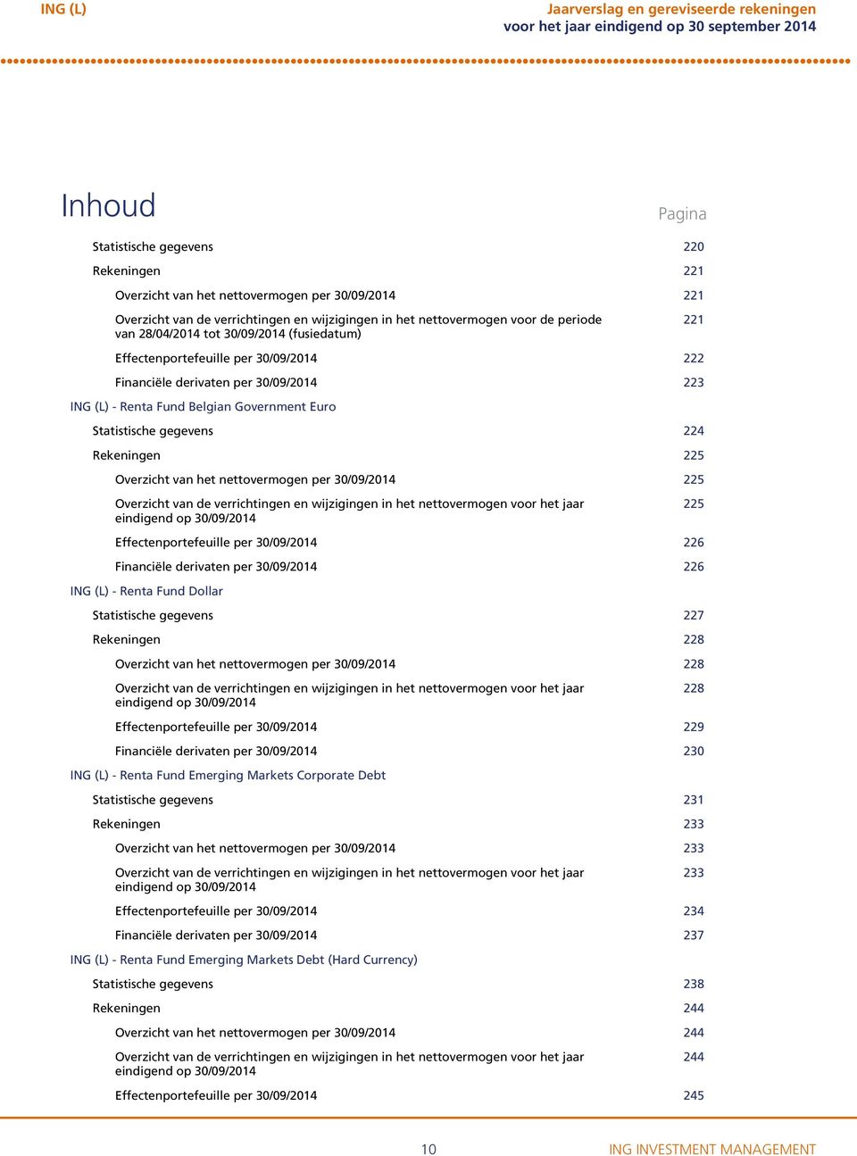 Overzicht van het nettovermogen per 30/09/2014 225 Overzicht van de verrichtingen en wijzigingen in het nettovermogen voor het jaar eindigend op 30/09/2014 225 Effectenportefeuille per 30/09/2014 226