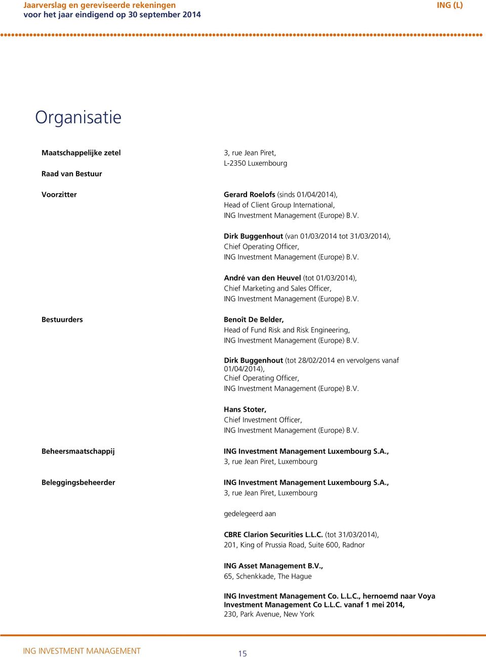 V. Bestuurders Benoît De Belder, Head of Fund Risk and Risk Engineering, ING Investment Management (Europe) B.V. Dirk Buggenhout (tot 28/02/2014 en vervolgens vanaf 01/04/2014), Chief Operating Officer, ING Investment Management (Europe) B.