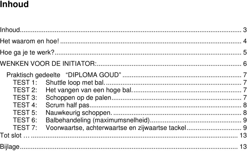 .. 7 TEST 3: Schoppen op de palen... 7 TEST 4: Scrum half pas... 8 TEST 5: Nauwkeurig schoppen.