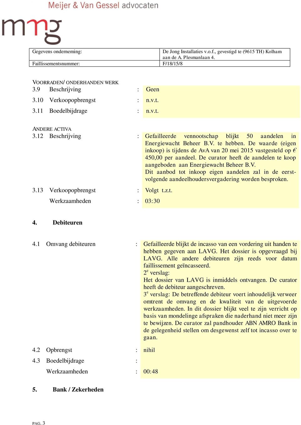 De curator heeft de aandelen te koop aangeboden aan Energiewacht Beheer B.V. Dit aanbod tot inkoop eigen aandelen zal in de eerstvolgende aandeelhoudersvergadering worden besproken. 3.