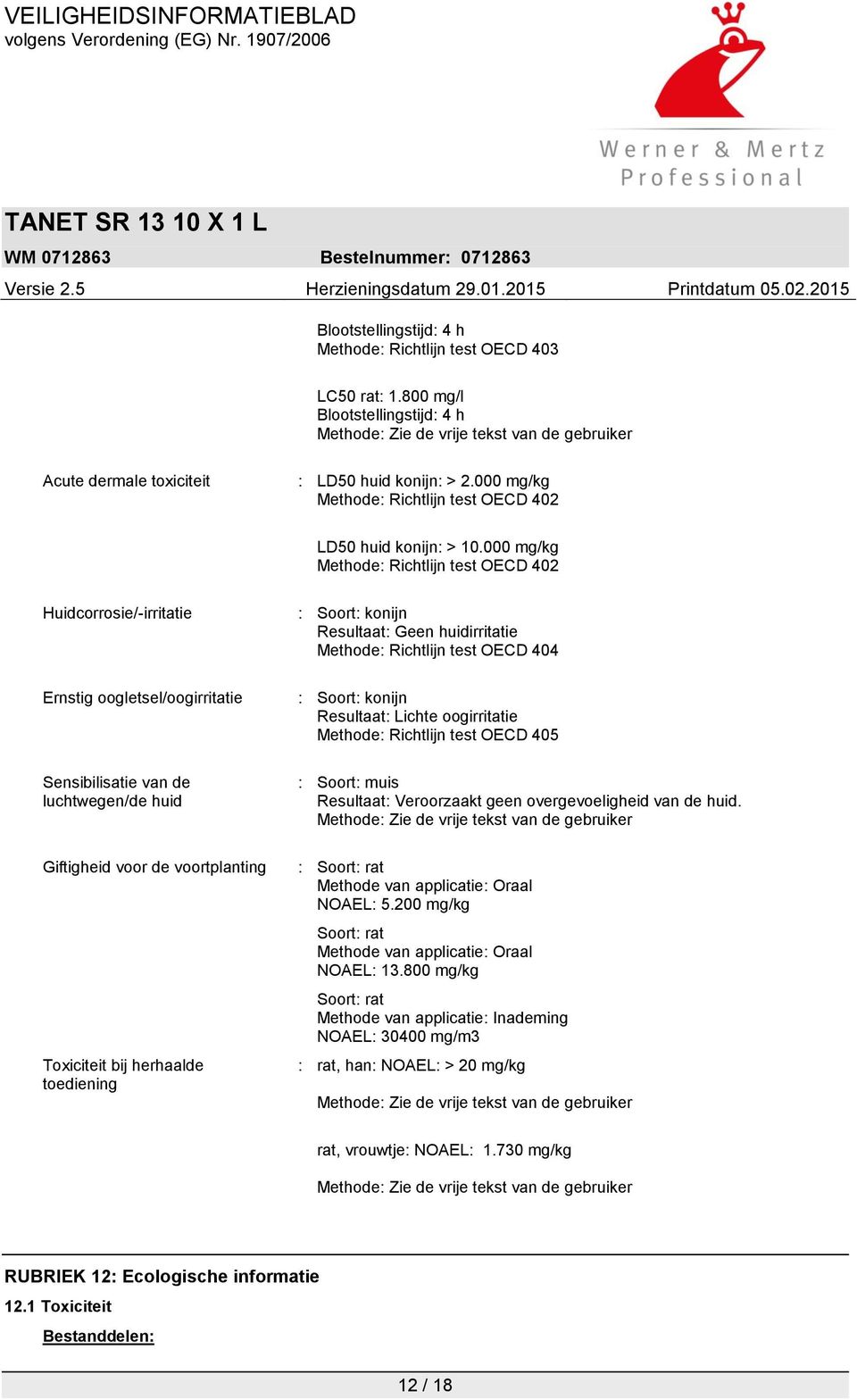 000 mg/kg Methode: Richtlijn test OECD 402 Huidcorrosie/-irritatie Ernstig oogletsel/oogirritatie Sensibilisatie van de luchtwegen/de huid Giftigheid voor de voortplanting Toxiciteit bij herhaalde