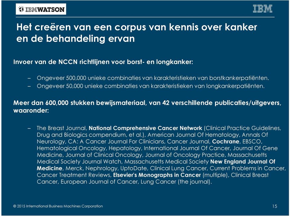 Meer dan 600,000 stukken bewijsmateriaal, van 42 verschillende publicaties/uitgevers, waaronder: The Breast Journal, National Comprehensive Cancer Network (Clinical Practice Guidelines, Drug and