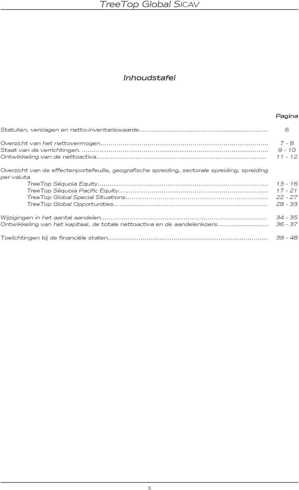 .... 11-12 Overzicht van de effectenportefeuille, geografische spreiding, sectorale spreiding, spreiding per valuta TreeTop Séquoia Equity.