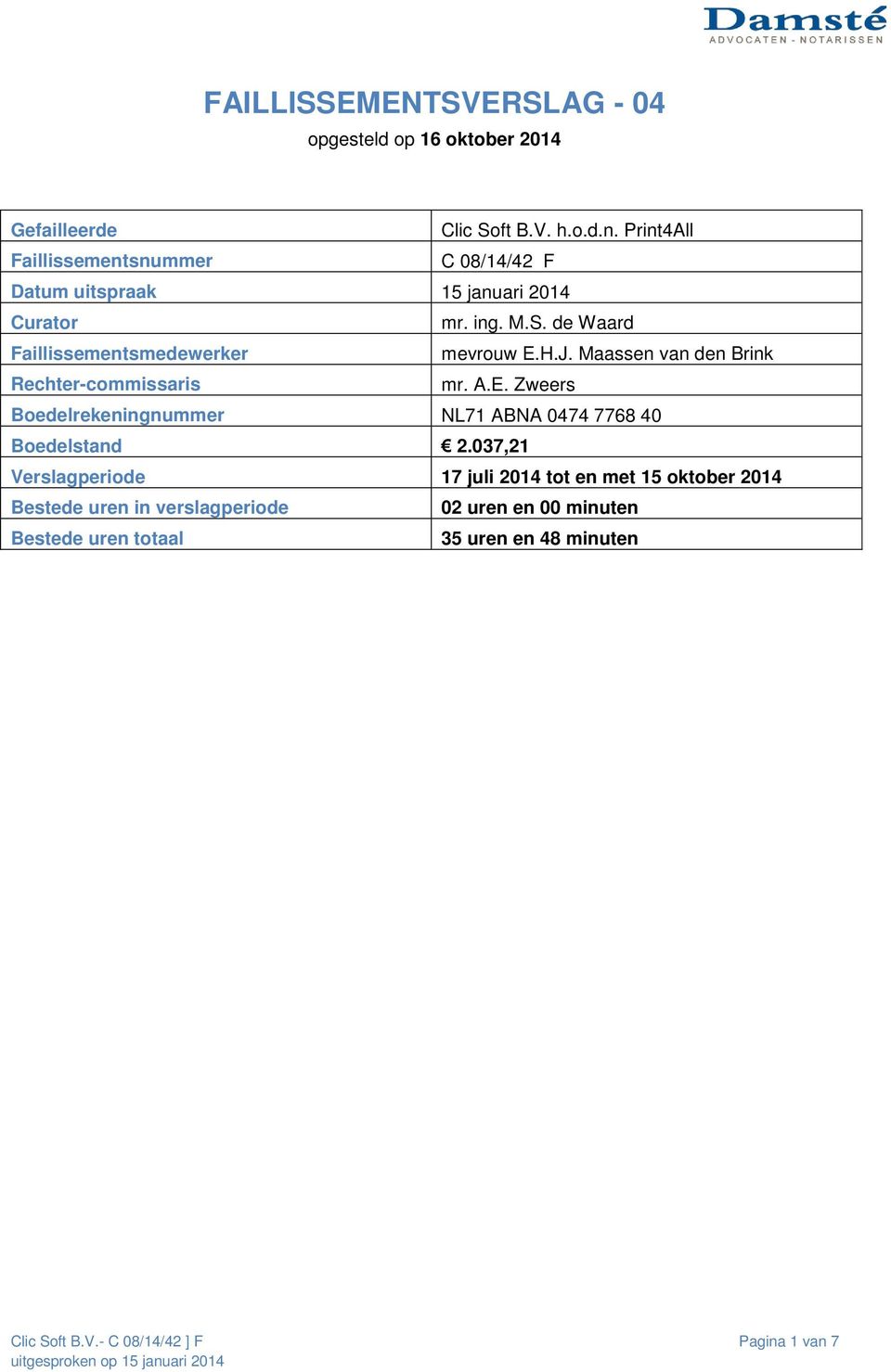 de Waard Faillissementsmedewerker mevrouw E.H.J. Maassen van den Brink Rechter-commissaris mr. A.E. Zweers Boedelrekeningnummer NL71 ABNA 0474 7768 40 Boedelstand 2.