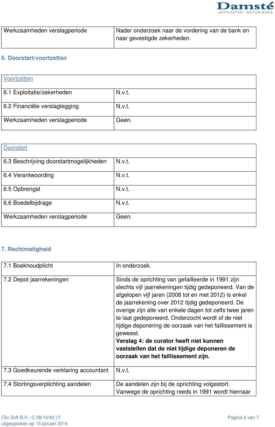 Rechtmatigheid 7.1 Boekhoudplicht In onderzoek. 7.2 Depot jaarrekeningen Sinds de oprichting van gefailleerde in 1991 zijn slechts vijf jaarrekeningen tijdig gedeponeerd.