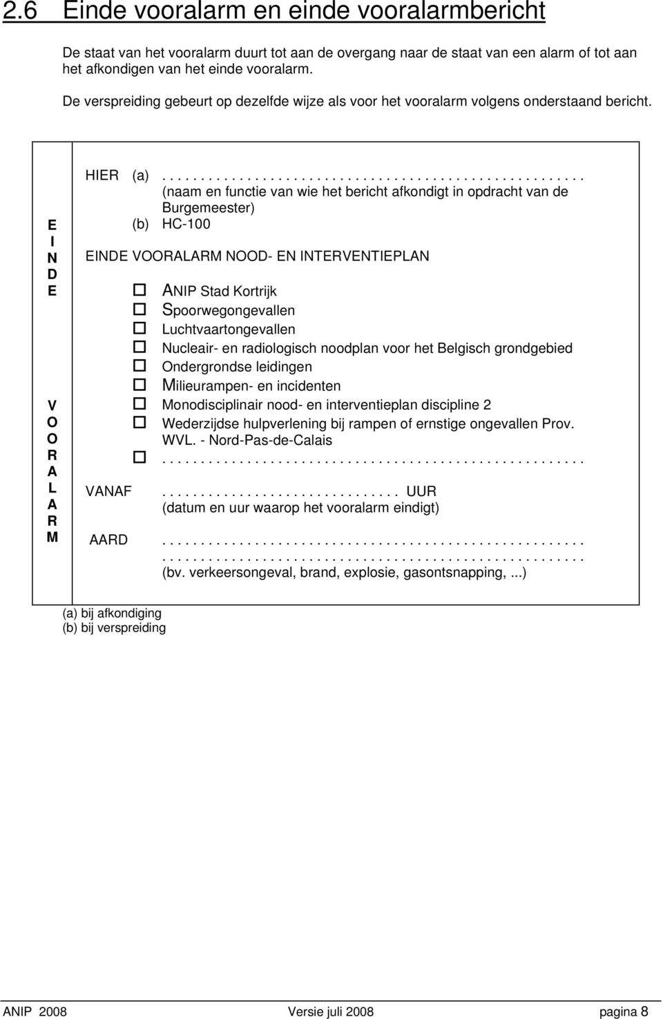 ...................................................... (naam en functie van wie het bericht afkondigt in opdracht van de Burgemeester) (b) HC-100 EINDE VOORALARM NOOD- EN INTERVENTIEPLAN VANAF ANIP