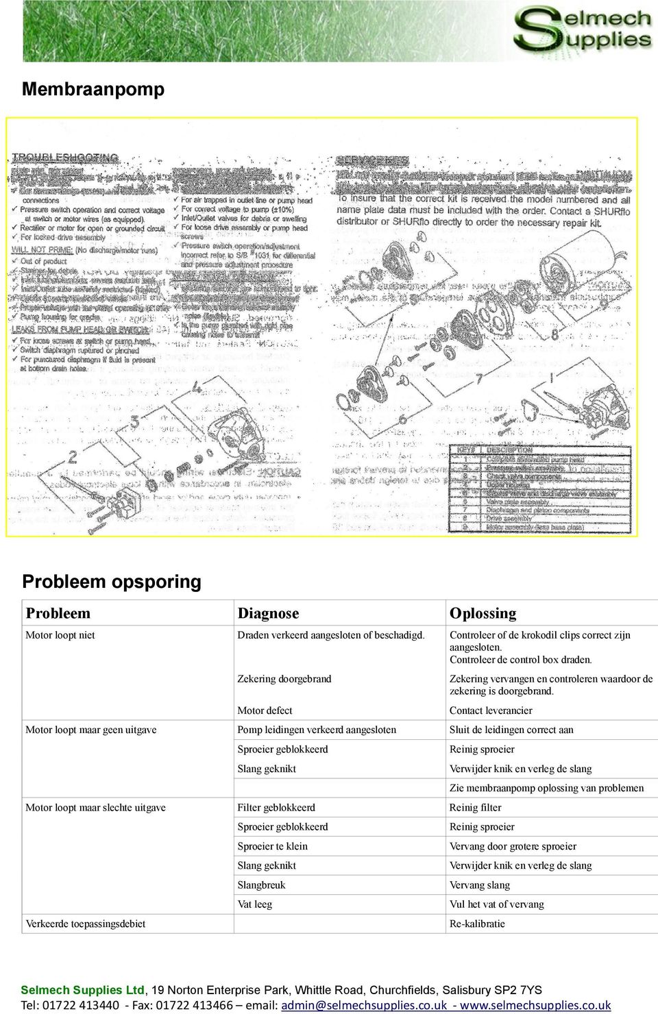 Motor defect Contact leverancier Pomp leidingen verkeerd aangesloten Sluit de leidingen correct aan Sproeier geblokkeerd Reinig sproeier Slang geknikt Verwijder knik en verleg de slang Motor loopt