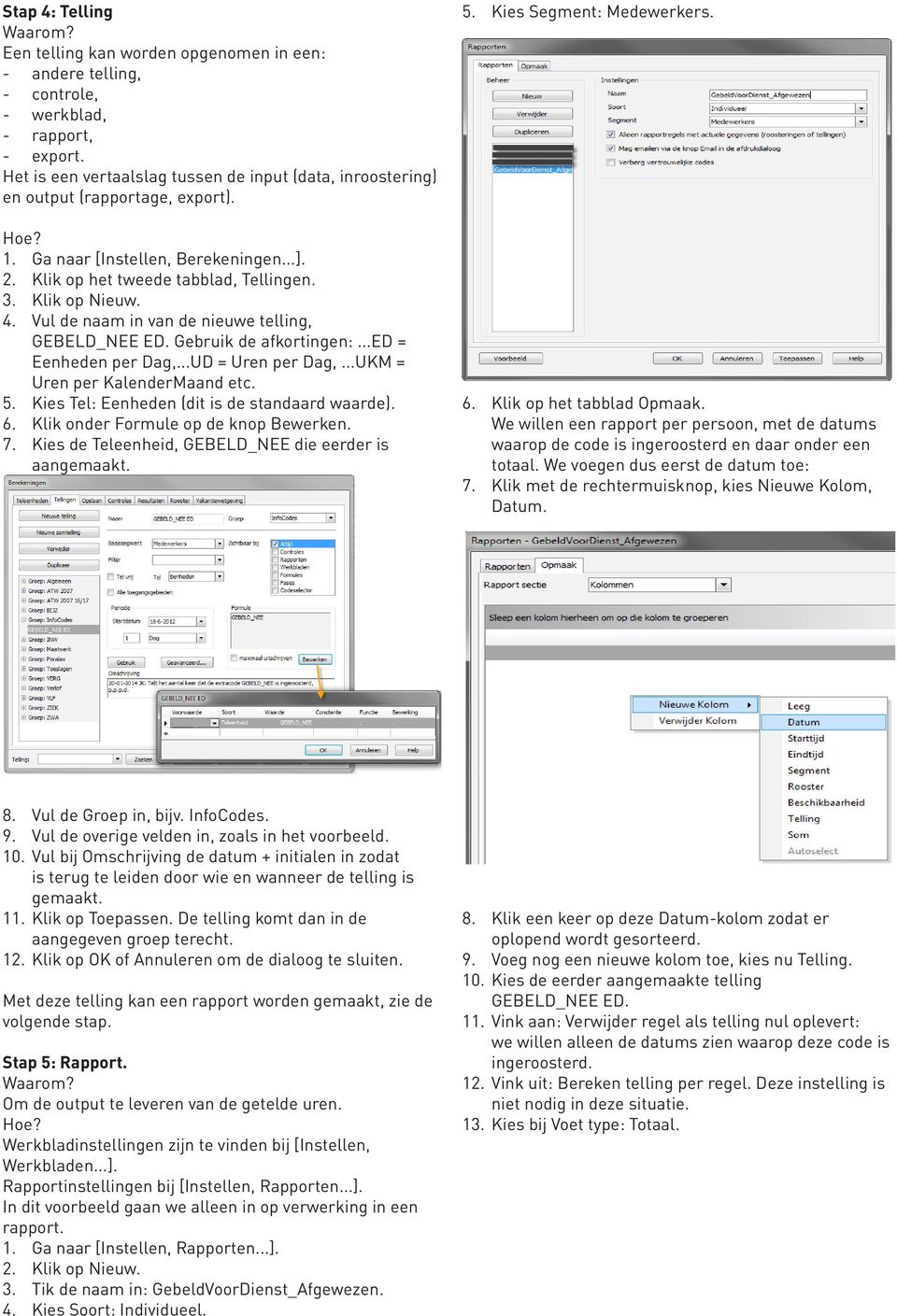 Vul de naam in van de nieuwe telling, GEBELD_NEE ED. Gebruik de afkortingen:...ed = Eenheden per Dag,...UD = Uren per Dag,...UKM = Uren per KalenderMaand etc. 5.