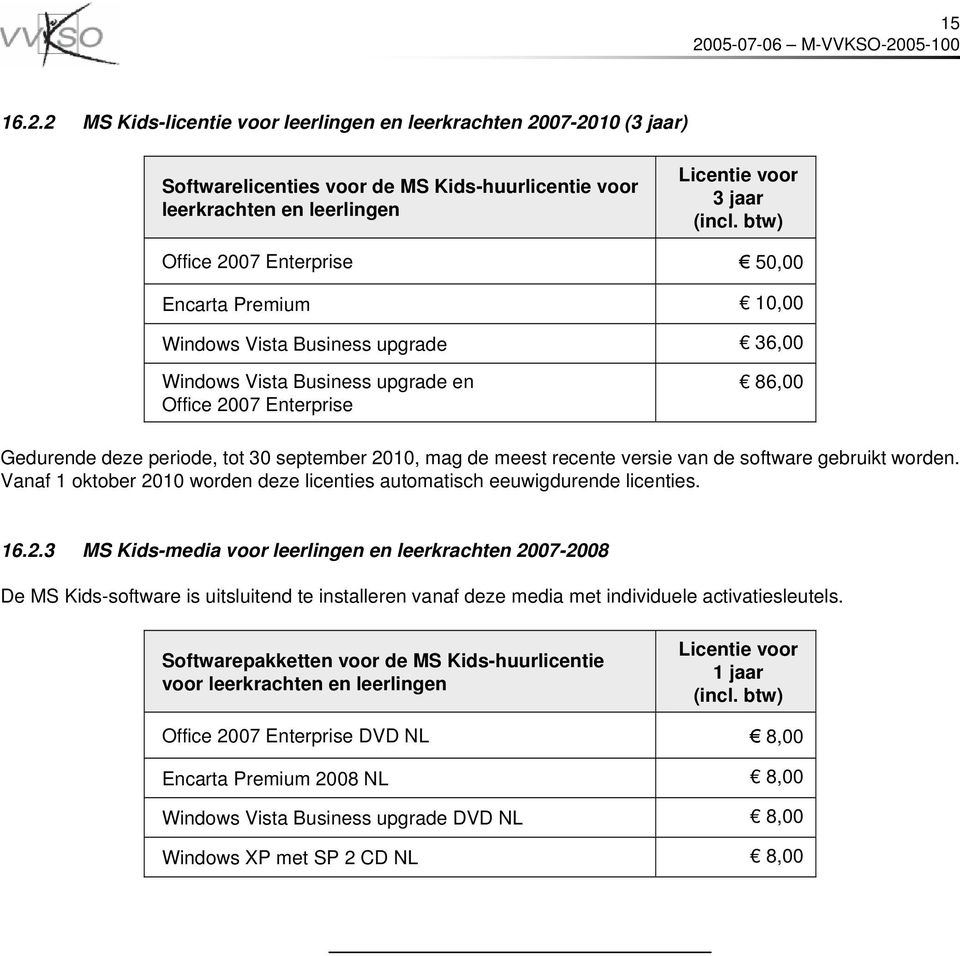 2010, mag de meest recente versie van de software gebruikt worden. Vanaf 1 oktober 2010 worden deze licenties automatisch eeuwigdurende licenties. 16.2.3 MS Kids-media voor leerlingen en leerkrachten 2007-2008 De MS Kids-software is uitsluitend te installeren vanaf deze media met individuele activatiesleutels.