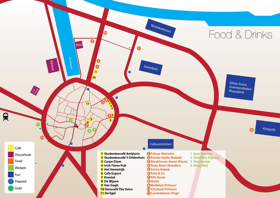 Hemelrijk 6 Café Export 7 Koestal 8 De Wijzen 9 Van Gogh 10 Danscafé The Voice 11 De Egel 1 Frituur Marmiet 2 Snacks Aydin (Kebab) 3 Steakhouse Amon (Pizza) 4 Tasty Bowl