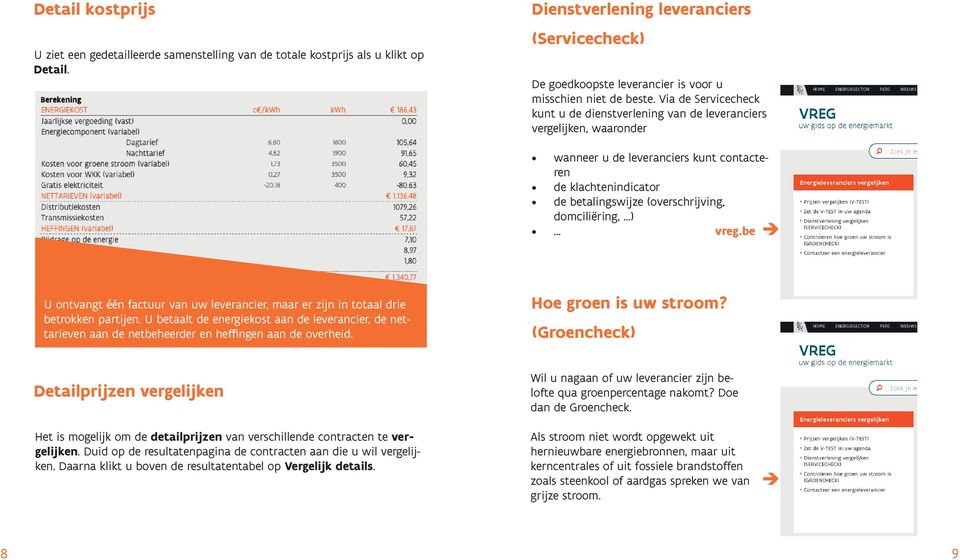 Via de Servicecheck kunt u de dienstverlening van de leveranciers vergelijken, waaronder wanneer u de leveranciers kunt contacteren de klachtenindicator de betalingswijze (overschrijving,