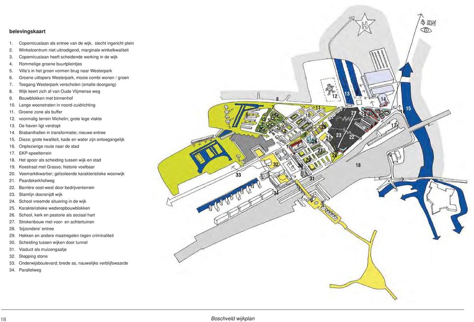 Wijk keert zich af van Oude Vlijmense weg 9. Bouwblokken met binnenhof 10. Lange woonstraten in noord-zuidrichting 11. Groene zone als buffer 12. voormalig terrein Michelin; grote lege vlakte 13.