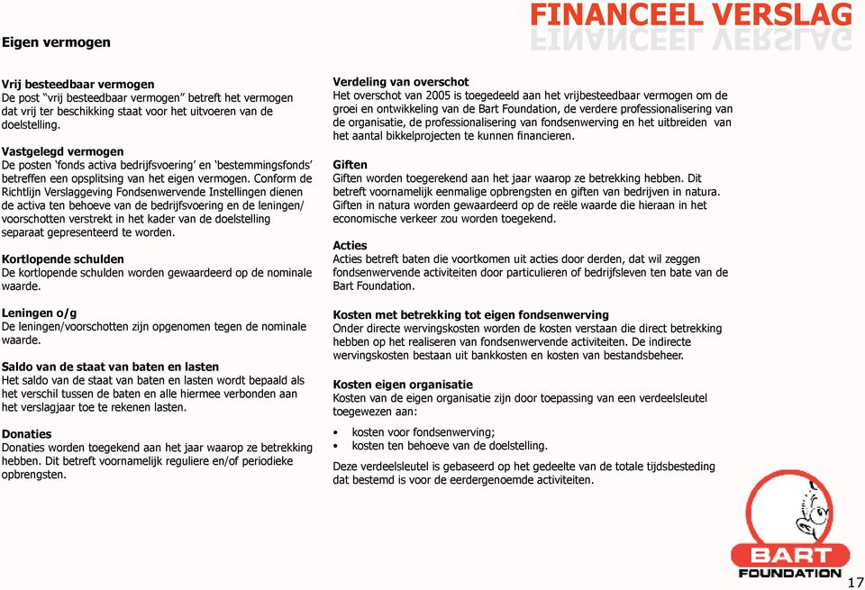 Conform de Richtlijn Verslaggeving Fondsenwervende Instellingen dienen de activa ten behoeve van de bedrijfsvoering en de leningen/ voorschotten verstrekt in het kader van de doelstelling separaat