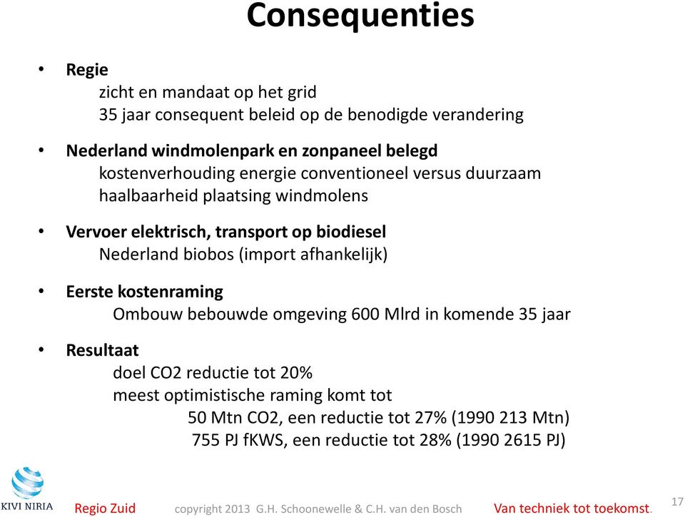 Nederland biobos (import afhankelijk) Eerste kostenraming Ombouw bebouwde omgeving 600 Mlrd in komende 35 jaar Resultaat doel CO2 reductie