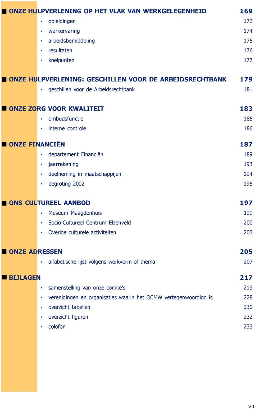 interne controle 186 ONZE FINANCIËN 187. departement Financiën 189. jaarrekening 193. deelneming in maatschappijen 194. begroting 2002 195 ONS CULTUREEL AANBOD 197. Museum Maagdenhuis 199.