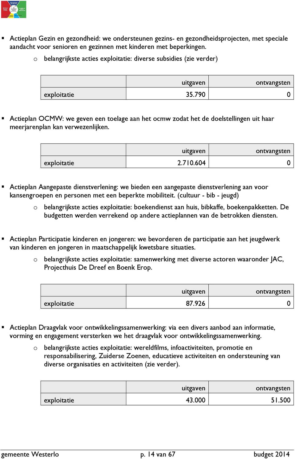 79 Actieplan OCMW: we geven een toelage aan het ocmw zodat het de doelstellingen uit haar meerjarenplan kan verwezenlijken. exploitatie 2.71.