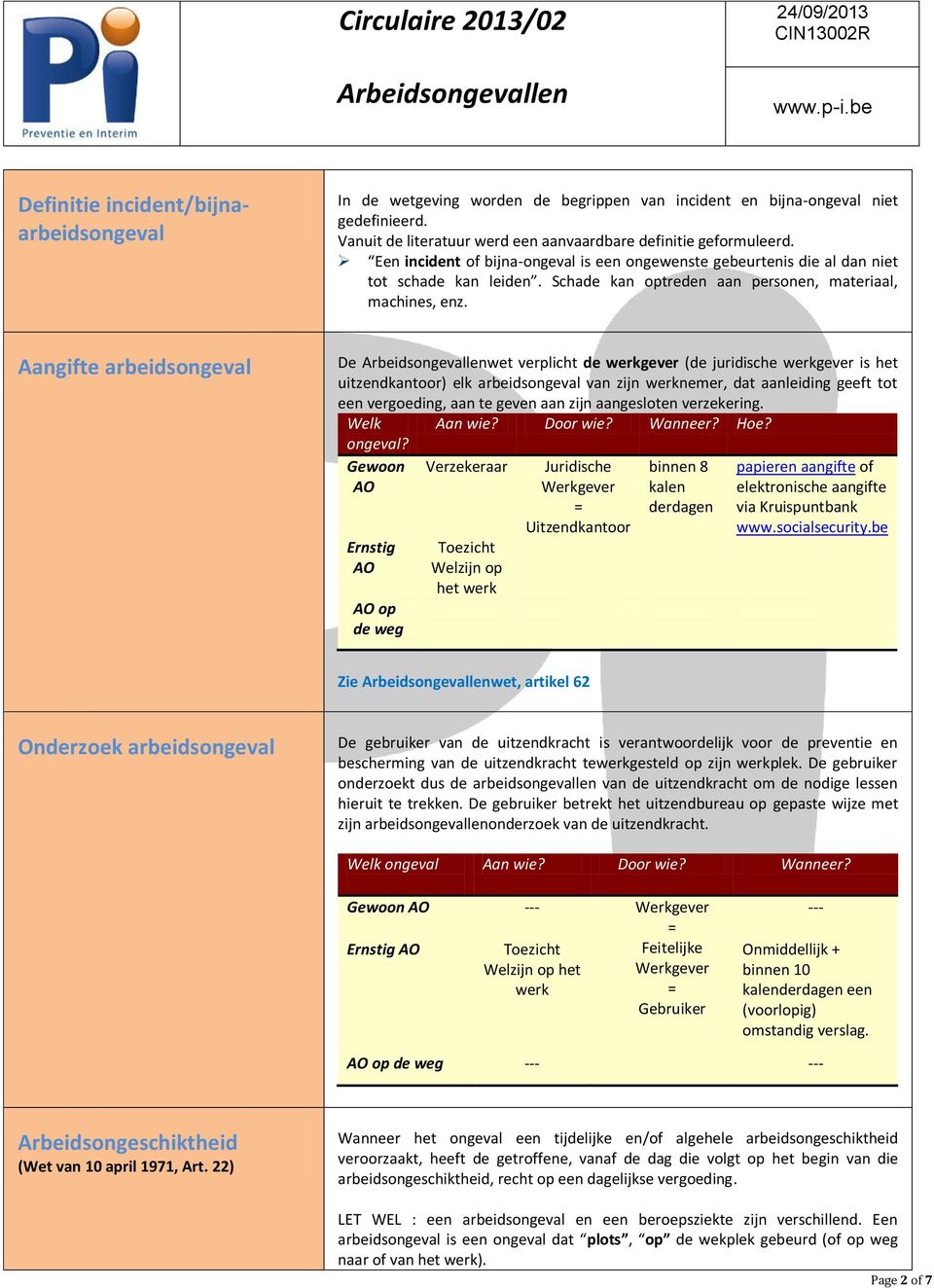 Aangifte arbeidsongeval De wet verplicht de werkgever (de juridische werkgever is het uitzendkantoor) elk arbeidsongeval van zijn werknemer, dat aanleiding geeft tot een vergoeding, aan te geven aan