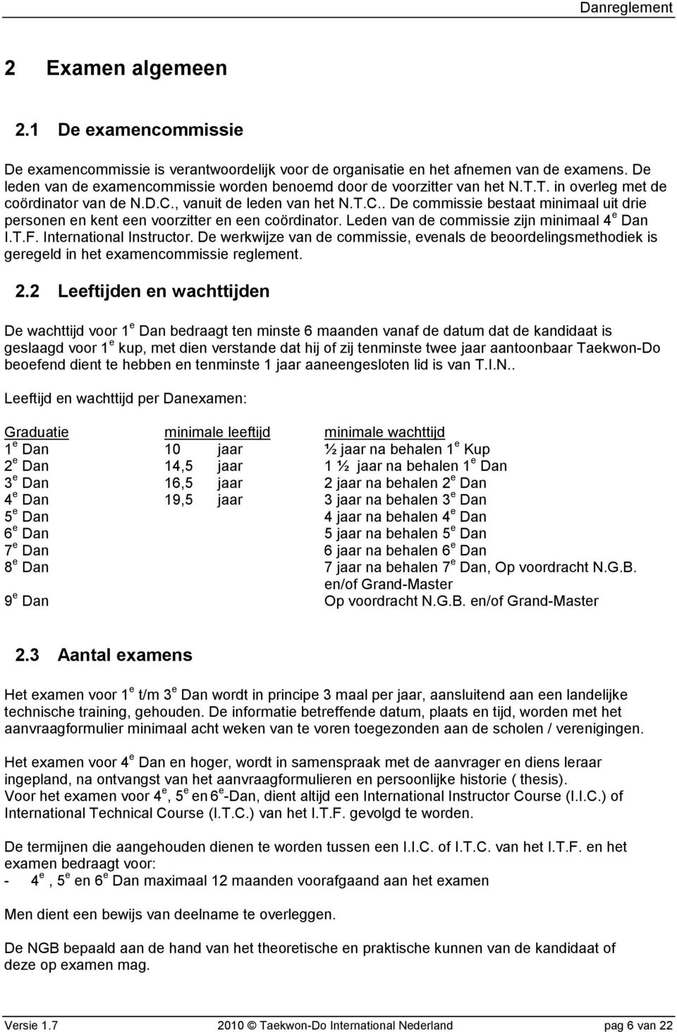 , vanuit de leden van het N.T.C.. De commissie bestaat minimaal uit drie personen en kent een voorzitter en een coördinator. Leden van de commissie zijn minimaal 4 e Dan I.T.F.