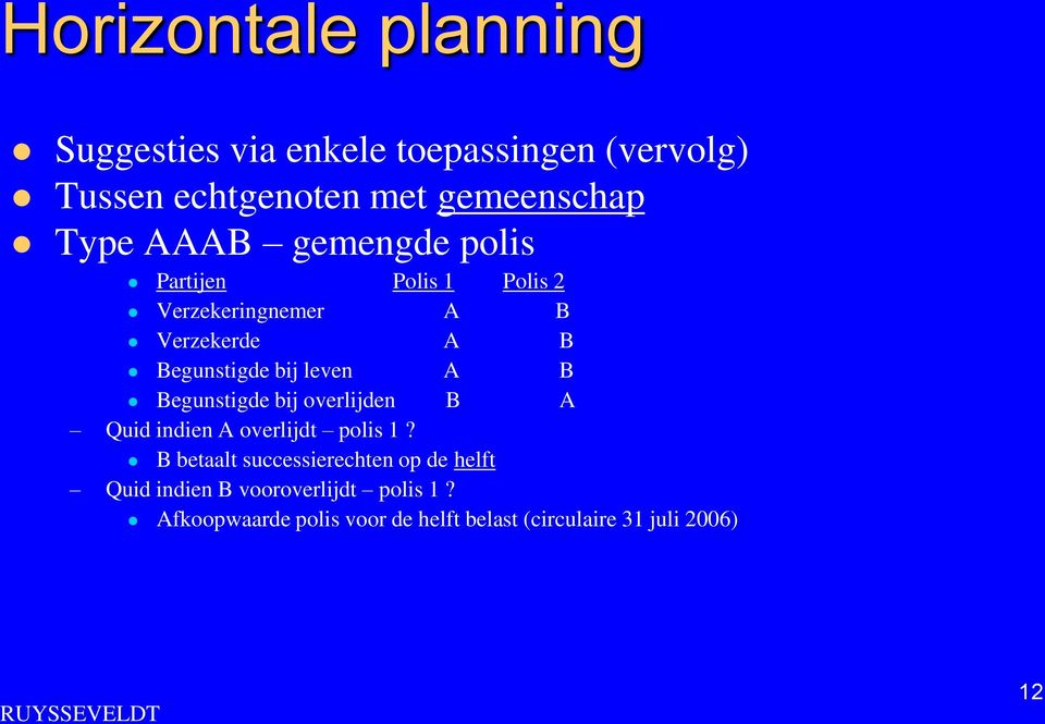 B Begunstigde bij overlijden B A Quid indien A overlijdt polis 1?