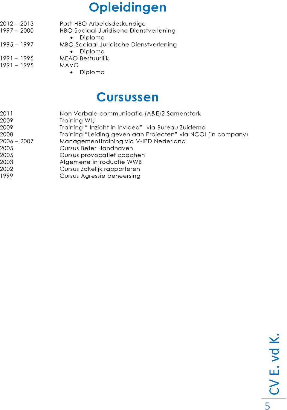 Invloed via Bureau Zuidema 2008 Training Leiding geven aan Projecten via NCOI (in company) 2006 2007 Managementtraining via V-IPD Nederland 2005