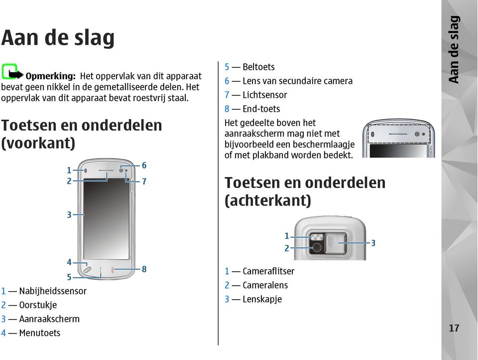 Toetsen en onderdelen (voorkant) 5 Beltoets 6 Lens van secundaire camera 7 Lichtsensor 8 End-toets Het gedeelte boven het