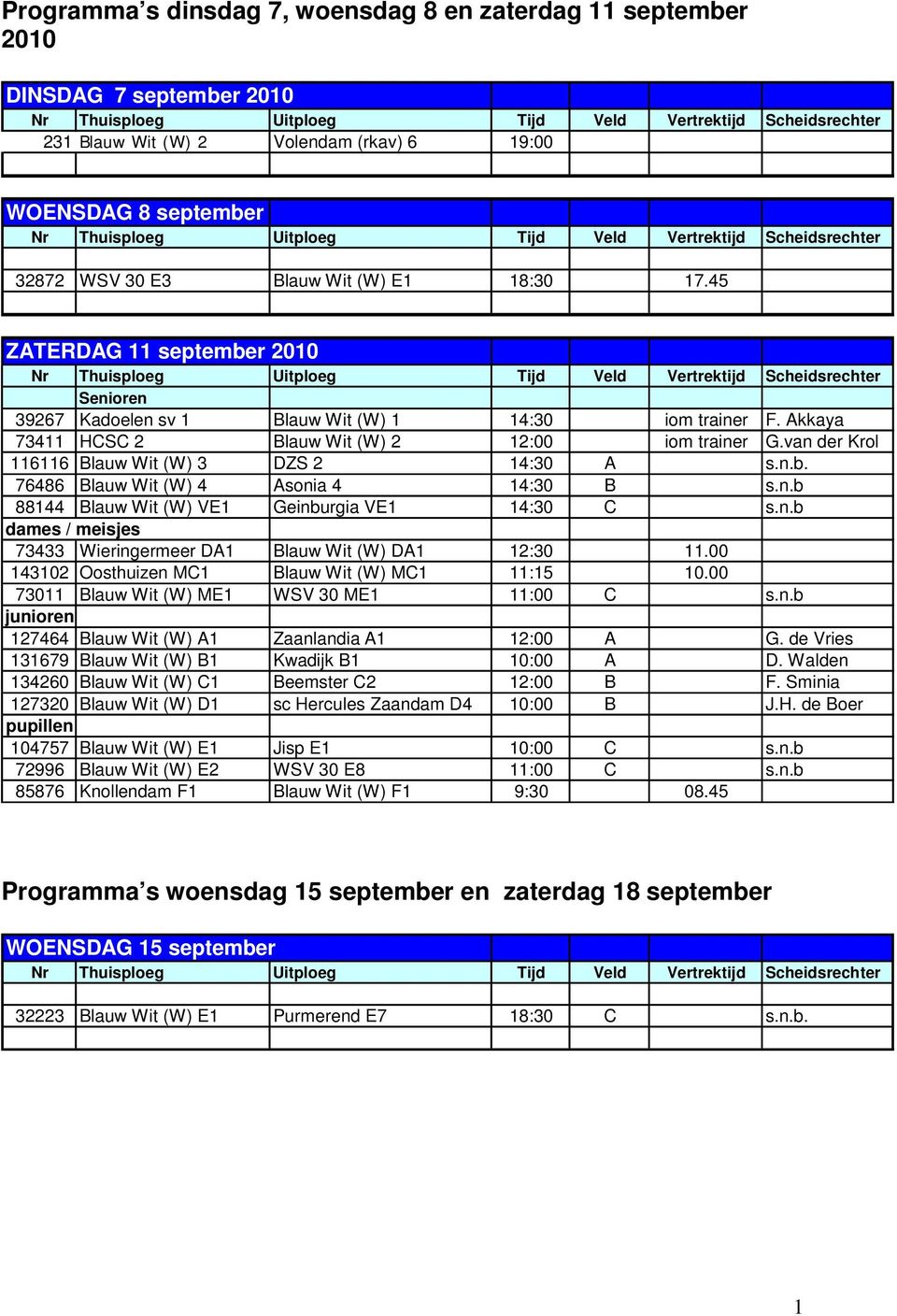 45 ZATERDAG 11 september 2010 Nr Thuisploeg Uitploeg Tijd Veld Vertrektijd Scheidsrechter Senioren 39267 Kadoelen sv 1 Blauw Wit (W) 1 14:30 iom trainer F.