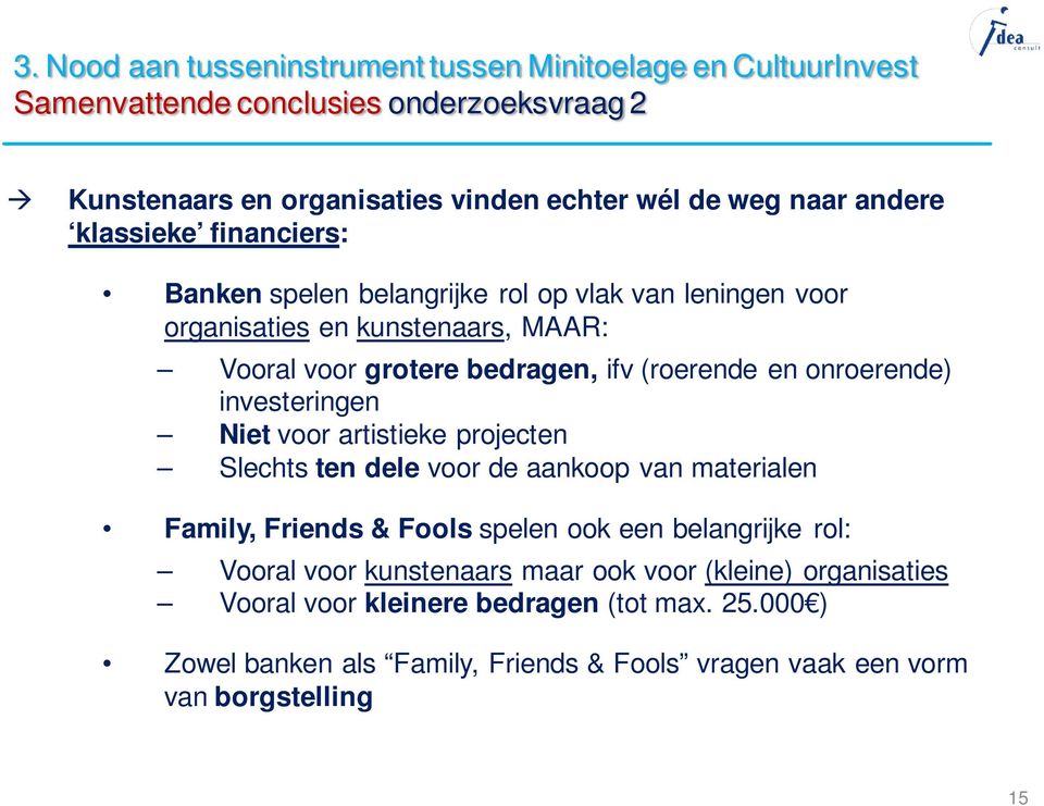 onroerende) investeringen Niet voor artistieke projecten Slechts ten dele voor de aankoop van materialen Family, Friends & Fools spelen ook een belangrijke rol: Vooral