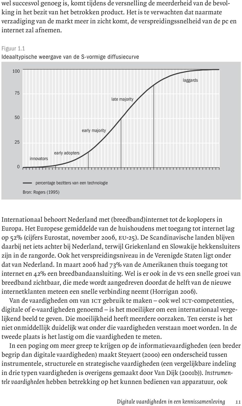 1 Ideaaltypische weergave van de S-vormige diffusiecurve 100 laggards 75 late majority 50 early majority 25 0 innovators early adopters percentage bezitters van een technologie Bron: Rogers (1995)