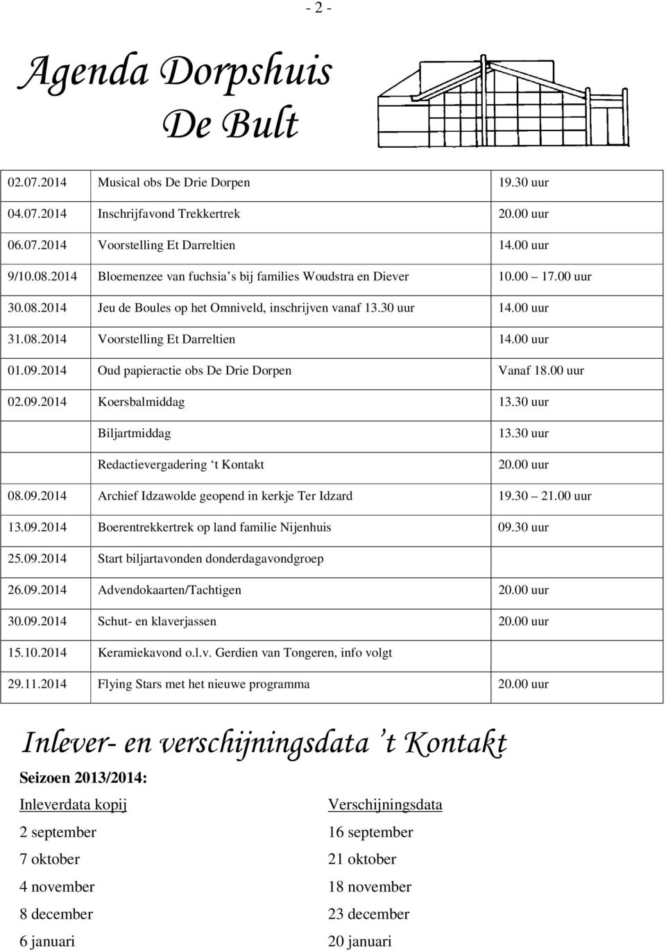 00 uur 01.09.2014 Oud papieractie obs De Drie Dorpen Vanaf 18.00 uur 02.09.2014 Koersbalmiddag 13.30 uur Biljartmiddag Redactievergadering t Kontakt 13.30 uur 20.00 uur 08.09.2014 Archief Idzawolde geopend in kerkje Ter Idzard 19.