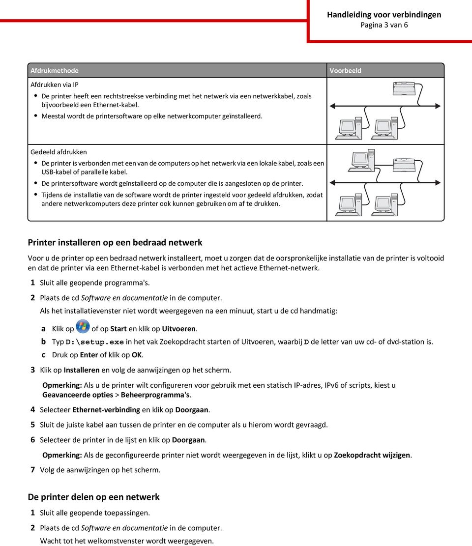 Gedeeld afdrukken De printer is veronden met een van de omputers op het netwerk via een lokale kael, zoals een USB-kael of parallelle kael.