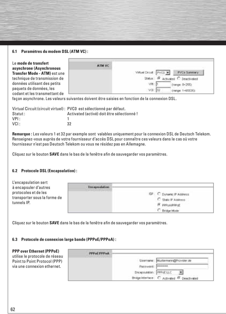 Statut : Activated (activé) doit être sélectionné! VPI : 1 VCI : 32 Remarque : Les valeurs 1 et 32 par exemple sont valables uniquement pour la connexion DSL de Deutsch Telekom.