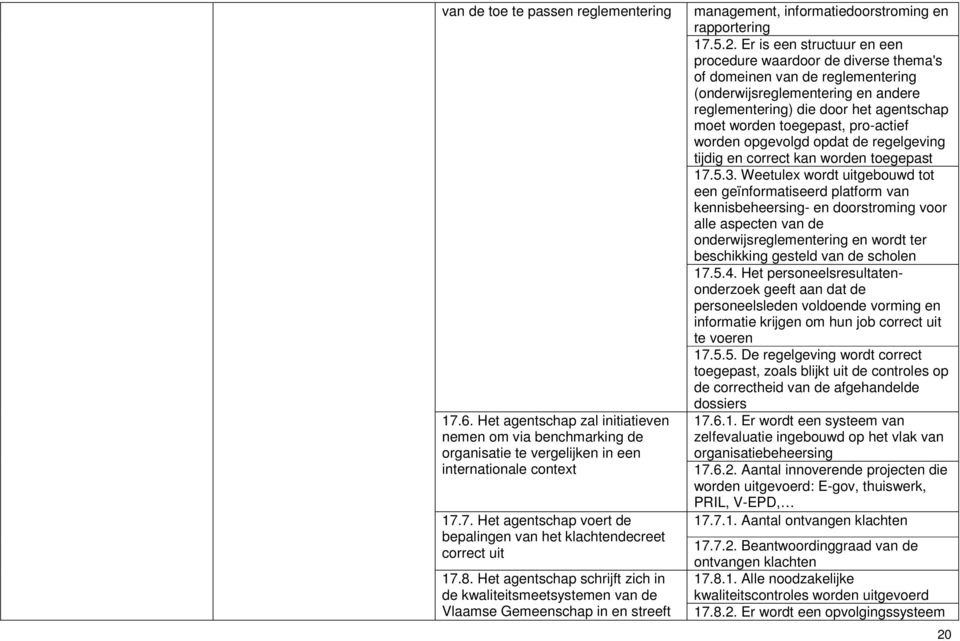 Er is een structuur en een procedure waardoor de diverse thema's of domeinen van de reglementering (onderwijsreglementering en andere reglementering) die door het agentschap moet worden toegepast,