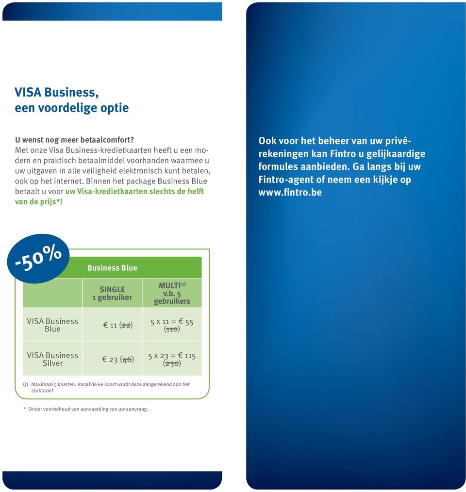 Binnen het package betaalt u voor uw Visa-kredietkaarten slechts de helft van de prijs*! Ook voor het beheer van uw privérekeningen kan Fintro u gelijkaardige formules aanbieden.
