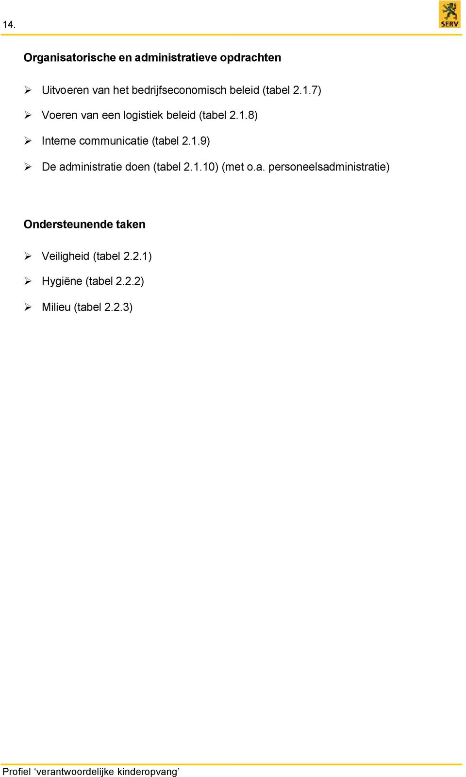 1.9) De administratie doen (tabel 2.1.10) (met o.a. personeelsadministratie) Ondersteunende taken Veiligheid (tabel 2.