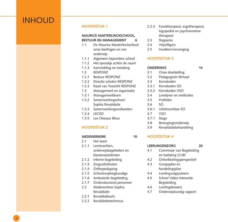 3.3 Samenwerkingsverbanden 1.3.4 LECSO 1.3.5 Les Oiseaux Bleus HOOFDSTUK 2 MEDEWERKERS 10 2.1 Het team 2.1.1 Leerkrachten, onderwijsbegeleiders en klassenassistenten 2.1.2 Interne begeleiding 2.1.3 Zorgcoördinator 2.