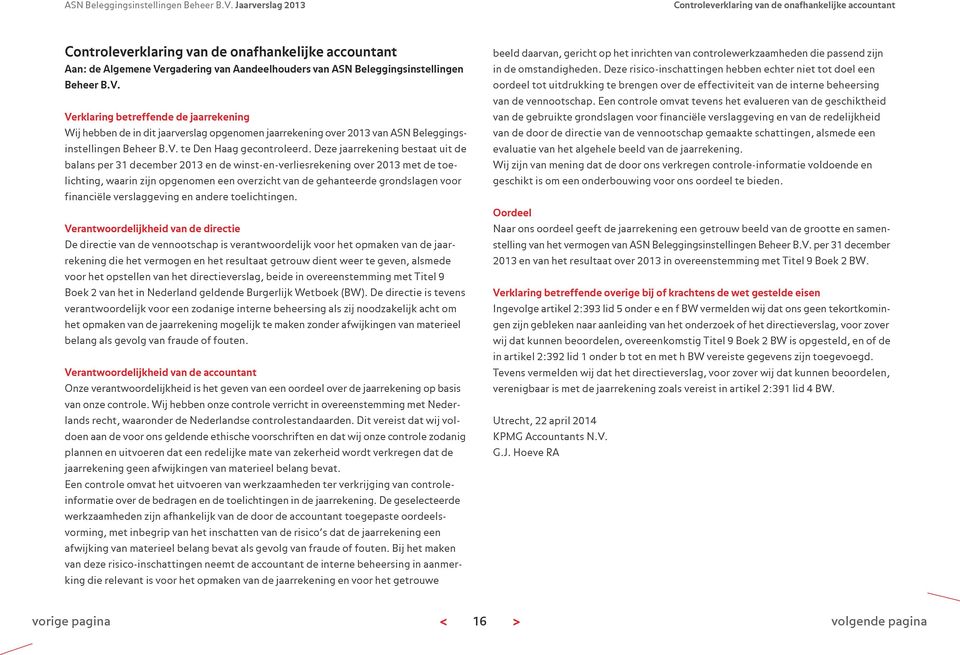 Verklaring betreffende de jaarrekening Wij hebben de in dit jaarverslag opgenomen jaarrekening over 2013 van ASN Beleggingsinstellingen Beheer B.V. te Den Haag gecontroleerd.