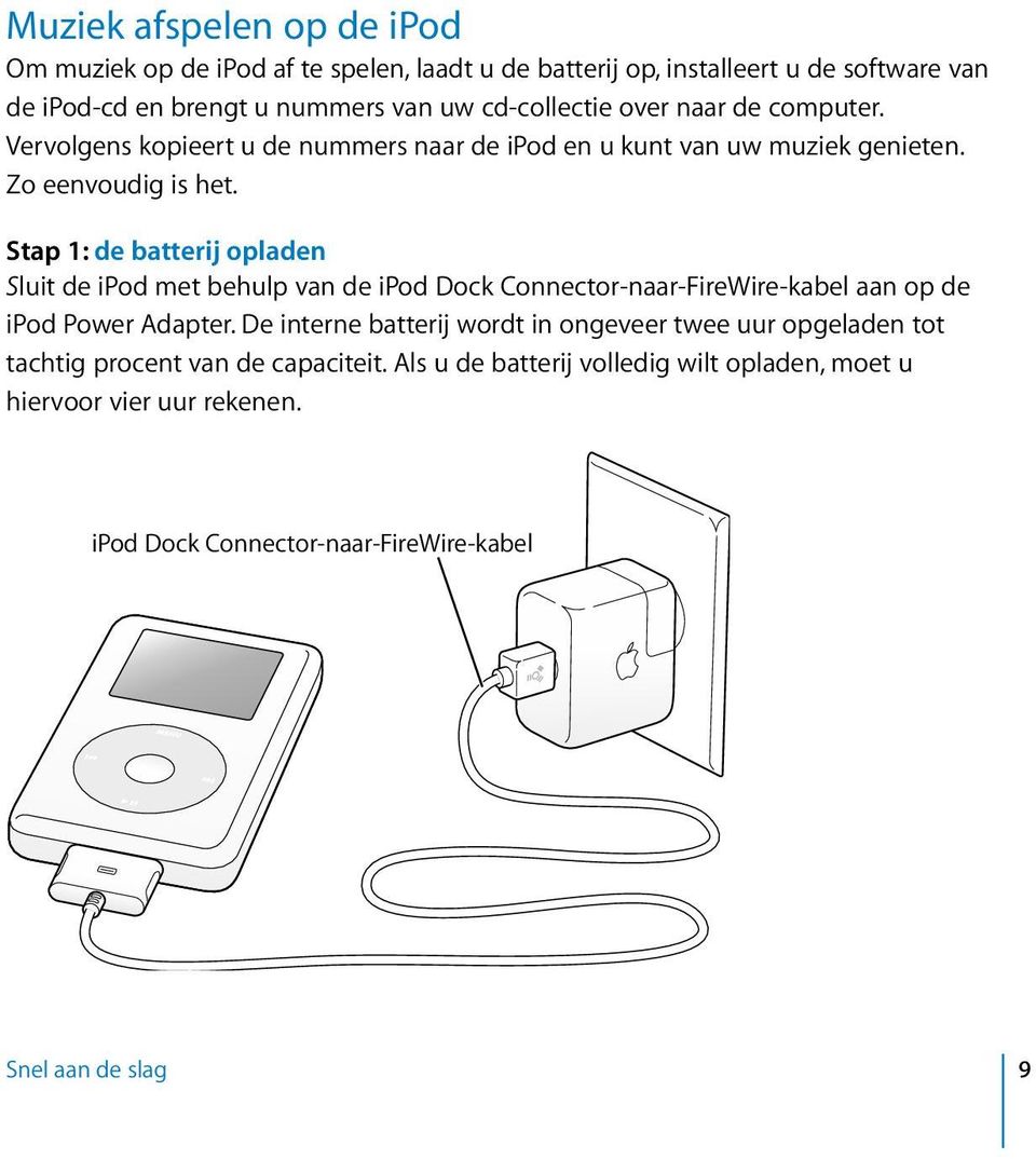 Stap 1: de batterij opladen Sluit de ipod met behulp van de ipod Dock Connector-naar-FireWire-kabel aan op de ipod Power Adapter.