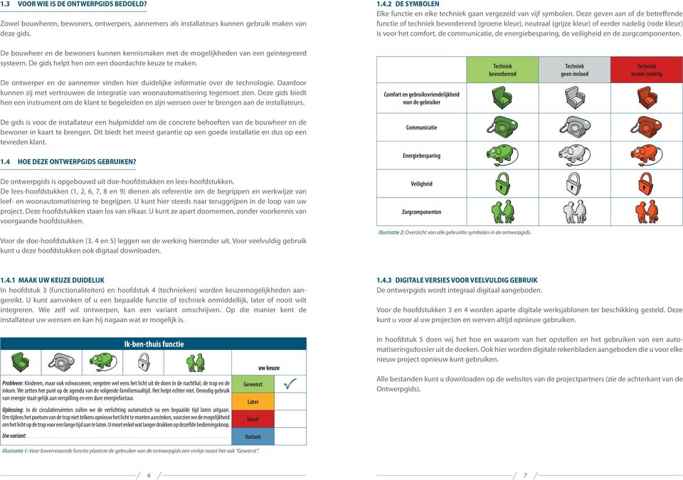 Deze geven aan of de betreffende functie of techniek bevorderend (groene kleur), neutraal (grijze kleur) of eerder nadelig (rode kleur) is voor het comfort, de communicatie, de energiebesparing, de