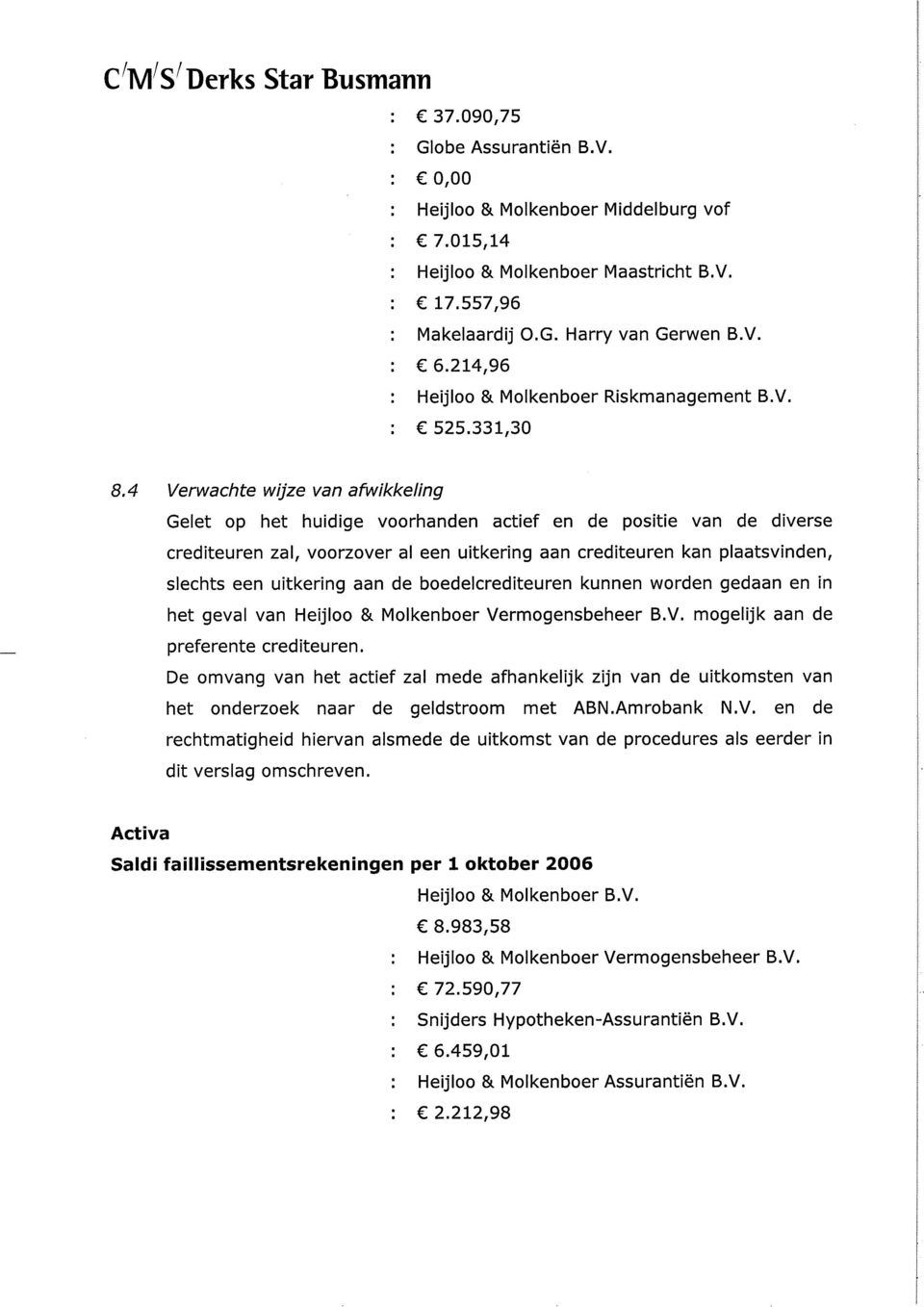 331,30 8,4 Verwachte wijze van afwikkeling Gelet op het huidige voorhanden actief en de positie van de diverse crediteuren zal, voorzover al een uitkering aan crediteuren kan plaatsvinden, slechts