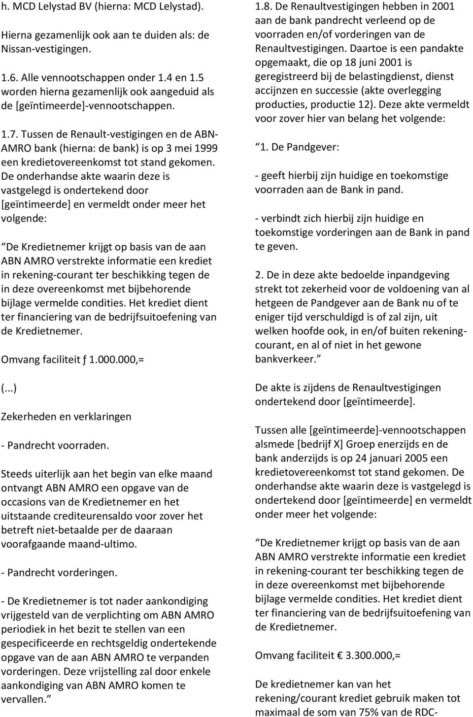 Tussen de Renault-vestigingen en de ABN- AMRO bank (hierna: de bank) is op 3 mei 1999 een kredietovereenkomst tot stand gekomen.