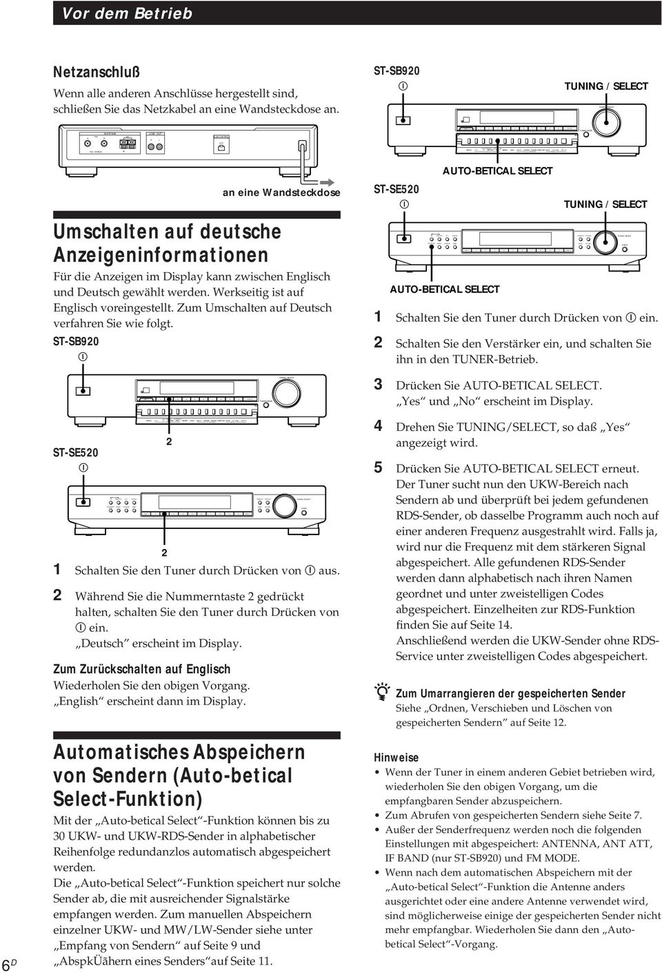 ST-SB U ANTENNA LINE OUT CONTROL y / an eine Wandsteckdose Umschalten auf deutsche Anzeieninformationen Für die Anzeien im Display kann zwischen Enlisch und Deutsch ewählt werden.